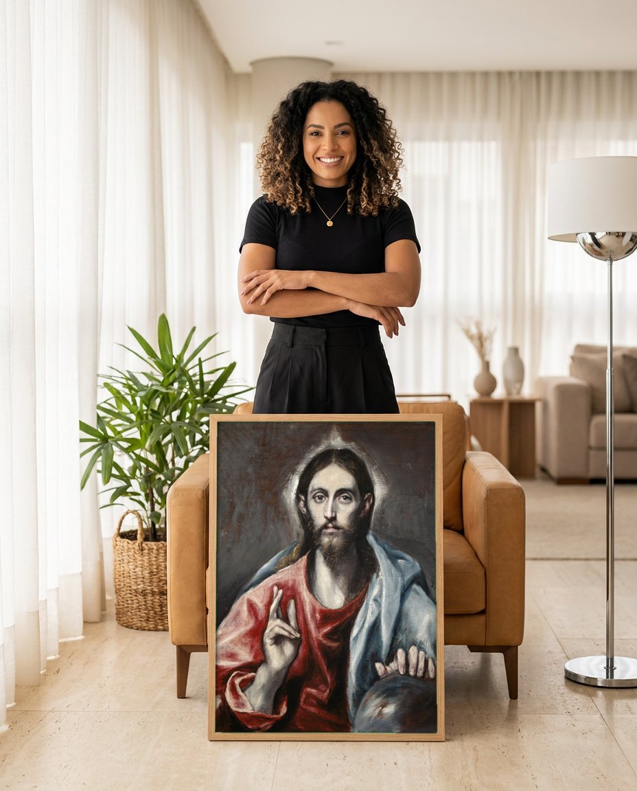 Quadro Decorativo Jesus Cristo Salvador do Mundo - El Greco | modelo apresentando o quadro emoldurado