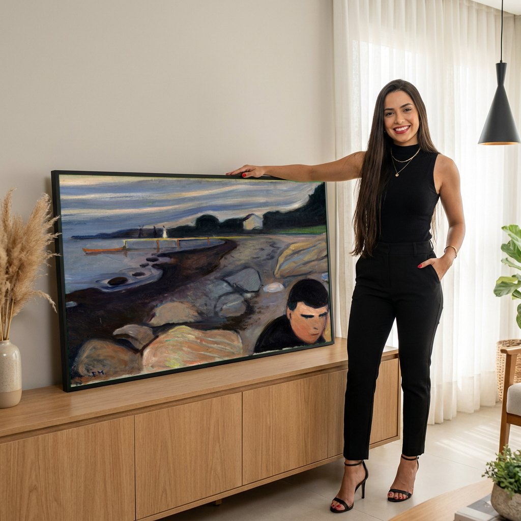 Quadro Decorativo Melancolia (Laura) - Edvard Munch | modelo apresentando o quadro emoldurado
