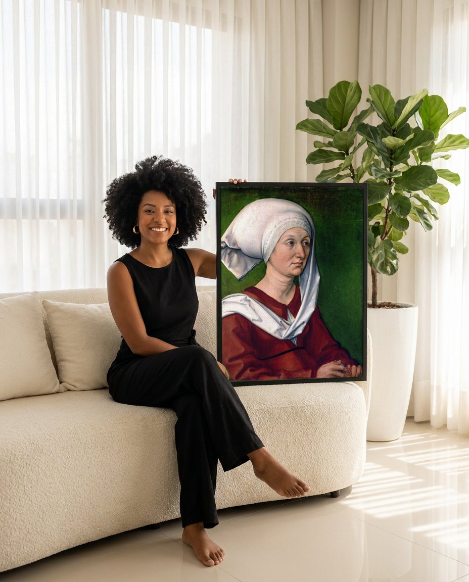 Quadro Decorativo Retrato de uma Mulher com Touca Branca - Dürer | modelo apresentando o quadro emoldurado