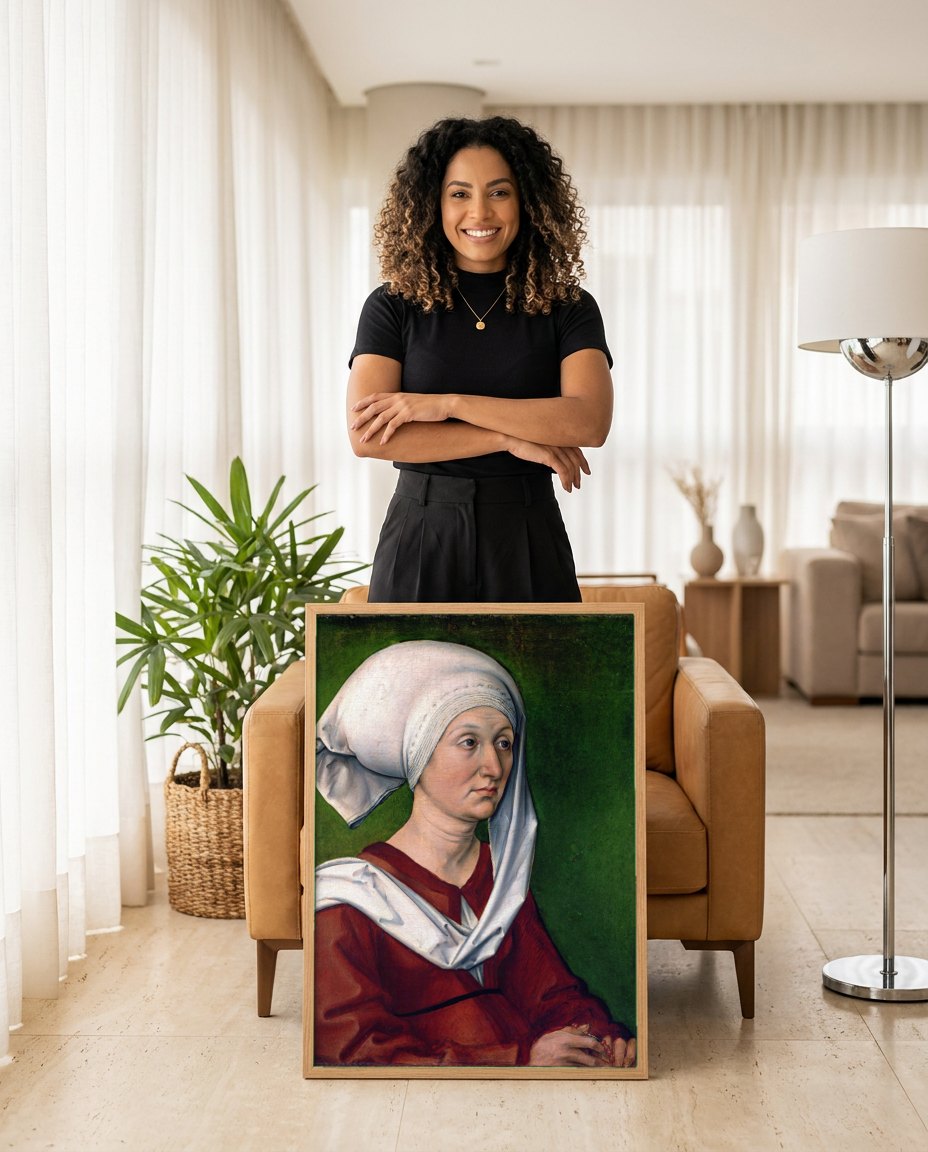 Quadro Decorativo Retrato de uma Mulher com Touca Branca - Dürer | modelo apresentando o quadro emoldurado