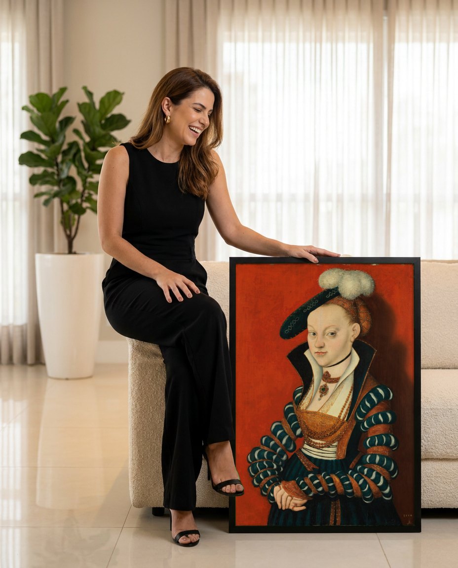 Quadro Decorativo Retrato de uma Mulher Jovem - Lucas Cranach | modelo apresentando o quadro emoldurado