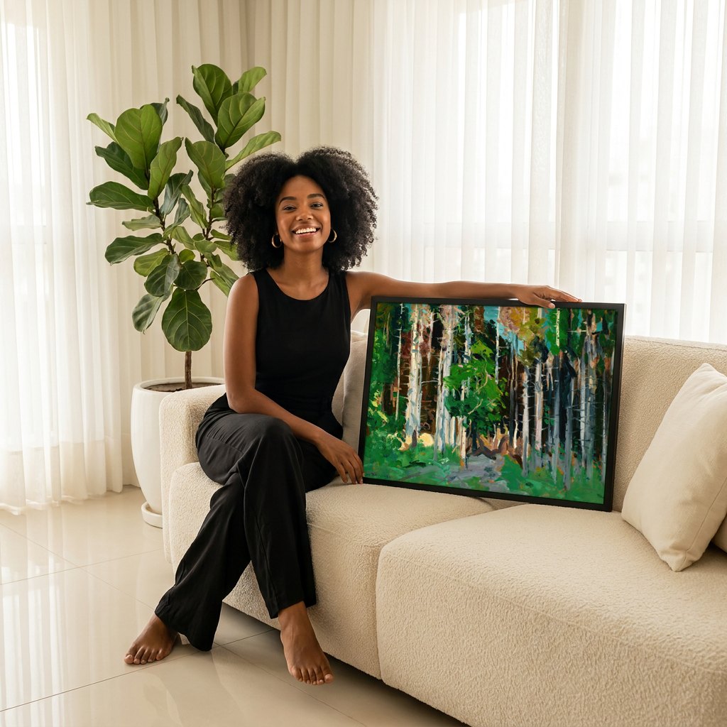 Quadro Decorativo Floresta Vibrante - George Bellows | modelo apresentando o quadro emoldurado
