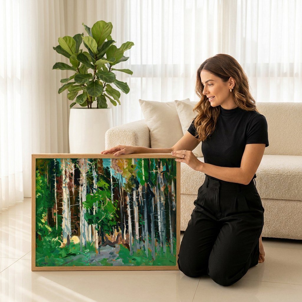 Quadro Decorativo Floresta Vibrante - George Bellows | modelo apresentando o quadro emoldurado