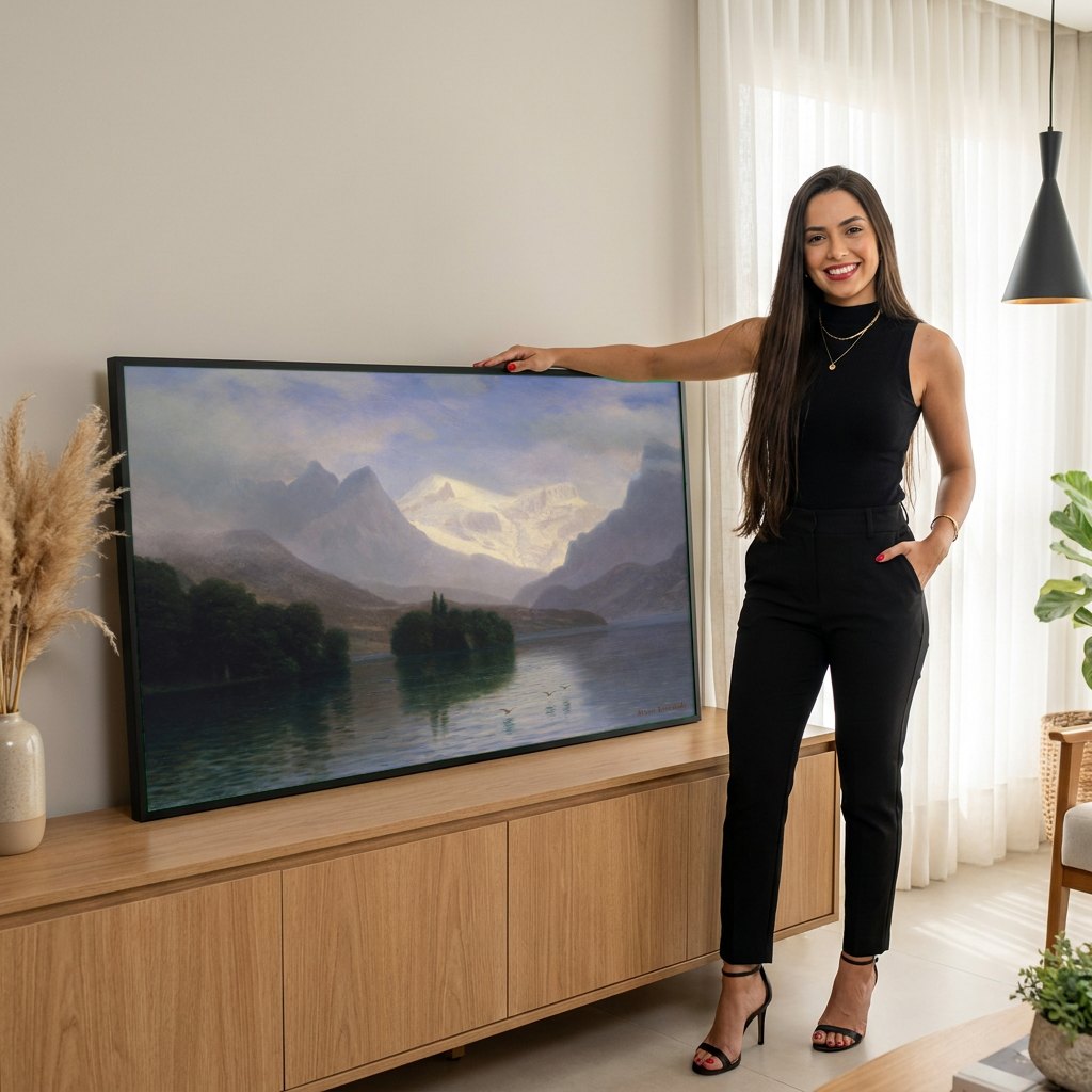 Quadro Decorativo Lago de Montanha - Albert Bierstadt | modelo apresentando o quadro emoldurado