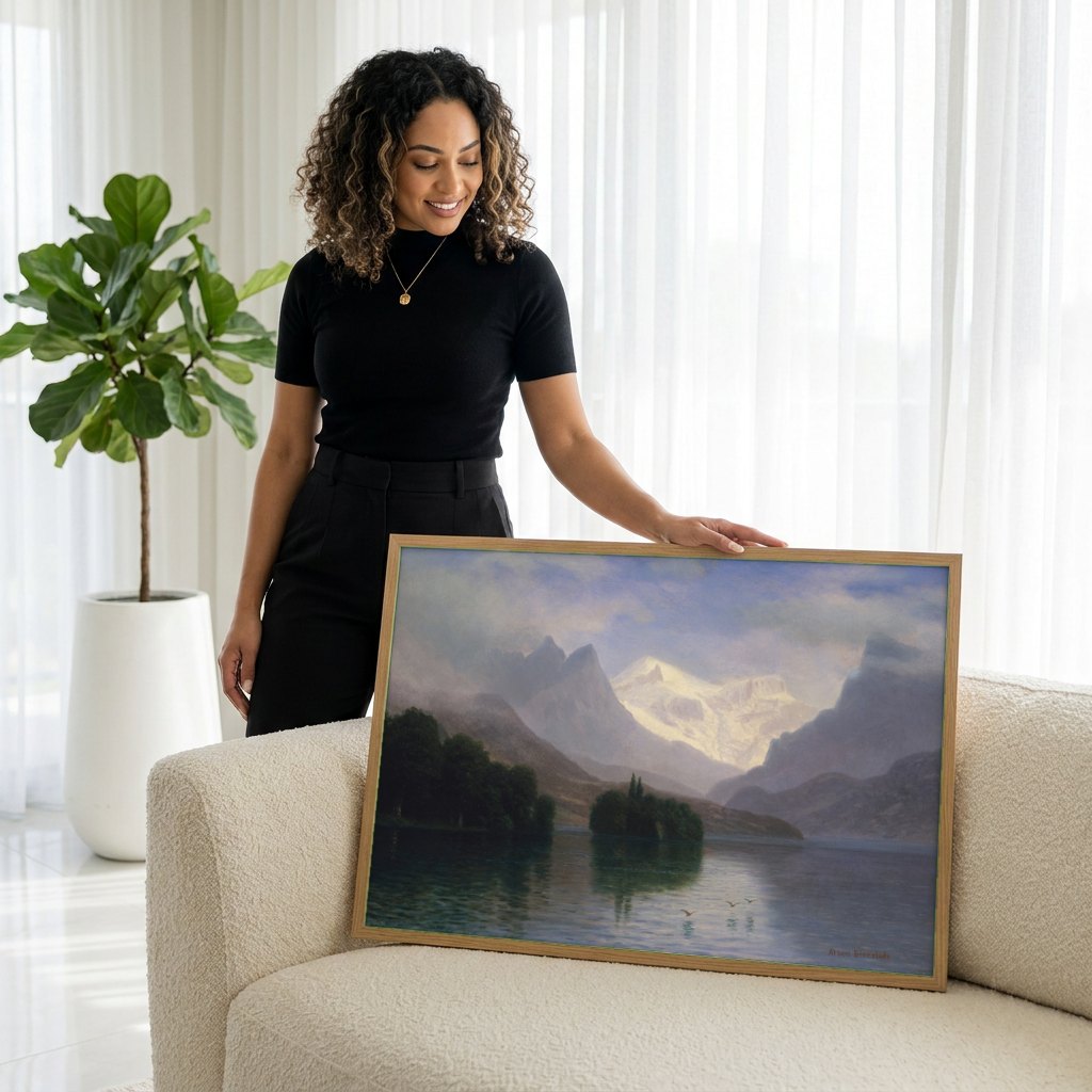 Quadro Decorativo Lago de Montanha - Albert Bierstadt | modelo apresentando o quadro emoldurado