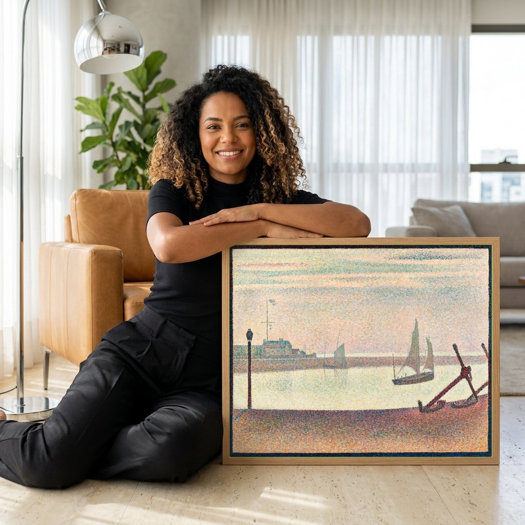 Quadro Decorativo Porto de Honfleur - Georges Seurat | modelo apresentando o quadro emoldurado