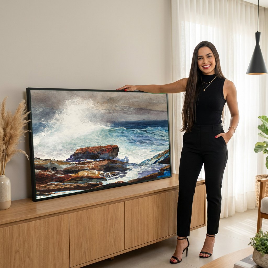 Quadro Decorativo A Onda - Winslow Homer | modelo apresentando o quadro emoldurado