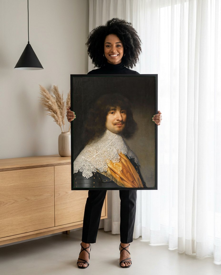 Quadro Decorativo Retrato Cavalheiro - Gerard van Honthorst | modelo apresentando o quadro emoldurado