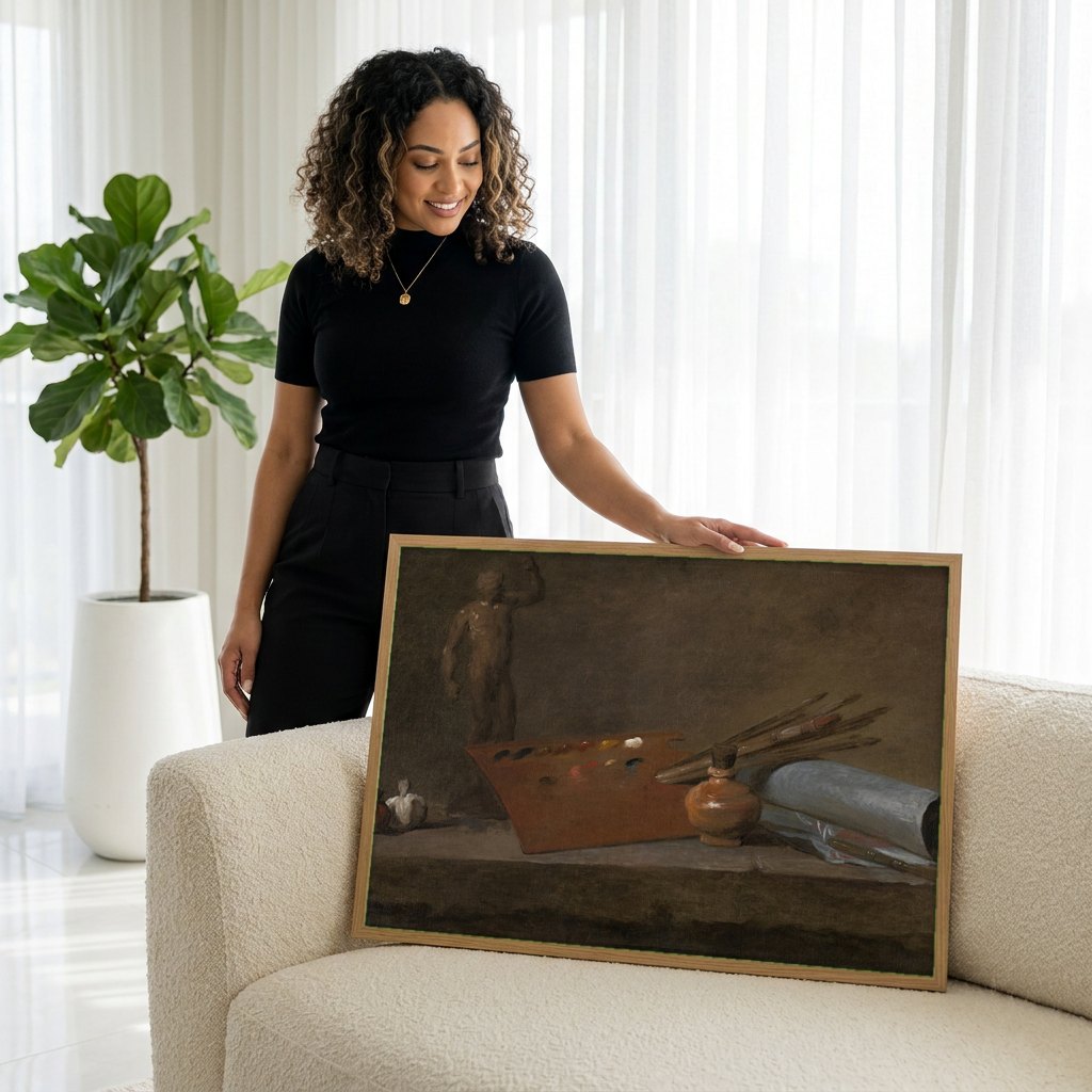 Quadro Decorativo A Atributos do Pintor - Jean Siméon Chardin | modelo apresentando o quadro emoldurado