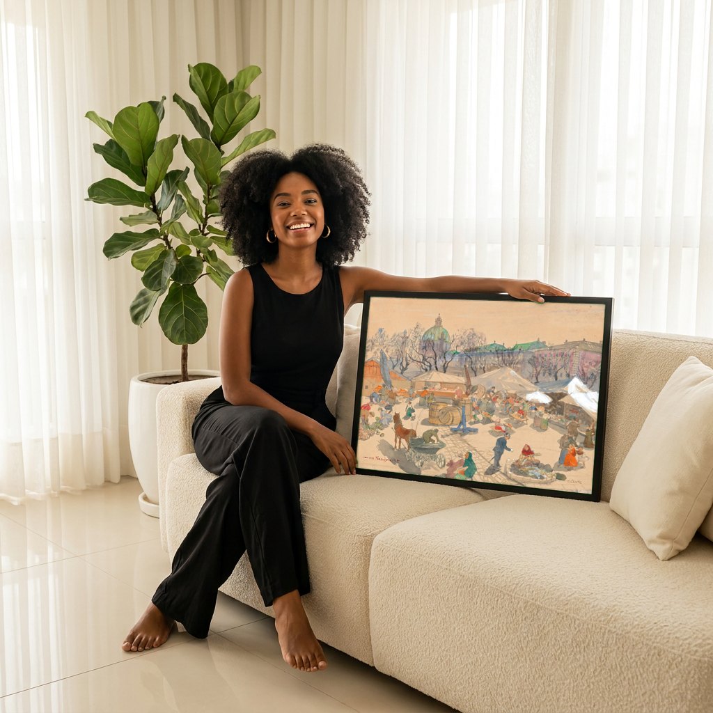 Quadro Decorativo Mercado de Viena - Oskar Laske | modelo apresentando o quadro emoldurado