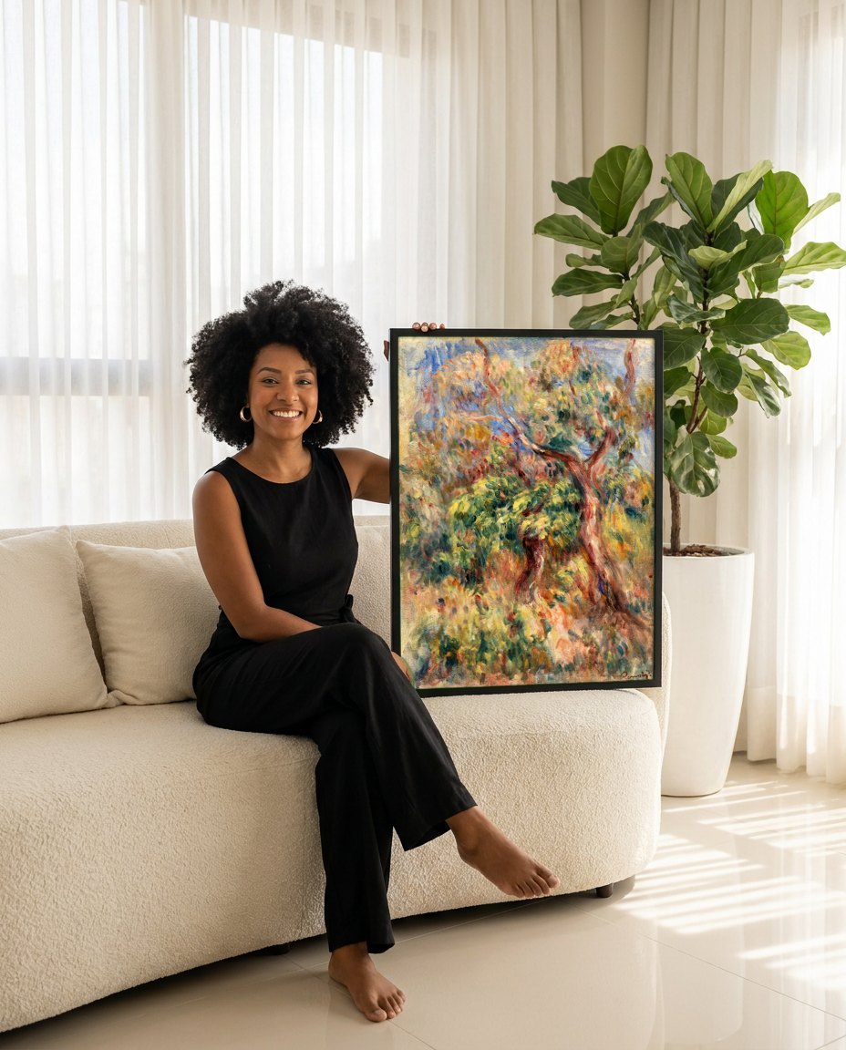 Quadro Decorativo Árvore em Flor - Renoir | modelo apresentando o quadro emoldurado