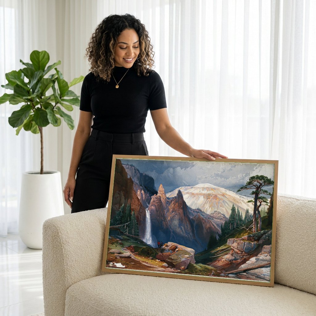 Quadro Decorativo Tower Falls e Sulphur Mountain - T. Moran | modelo apresentando o quadro emoldurado