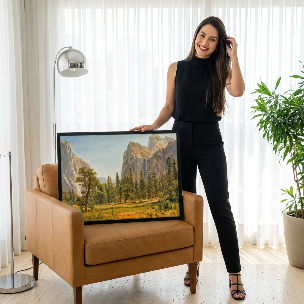 Quadro Decorativo Vale do Yosemite - Albert Bierstadt | modelo apresentando o quadro emoldurado