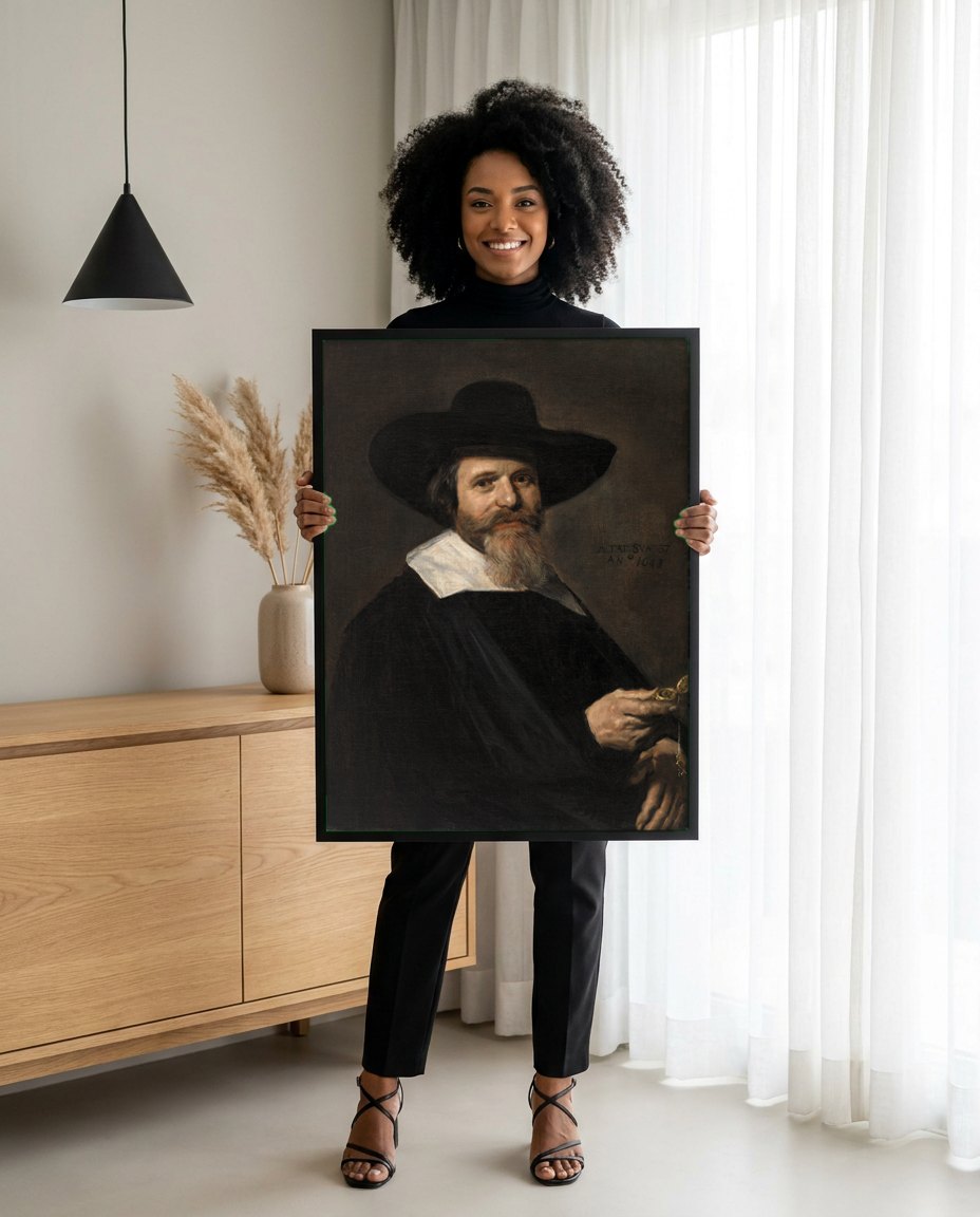 Quadro Decorativo Retrato de um Homem – Frans Hals | modelo apresentando o quadro emoldurado