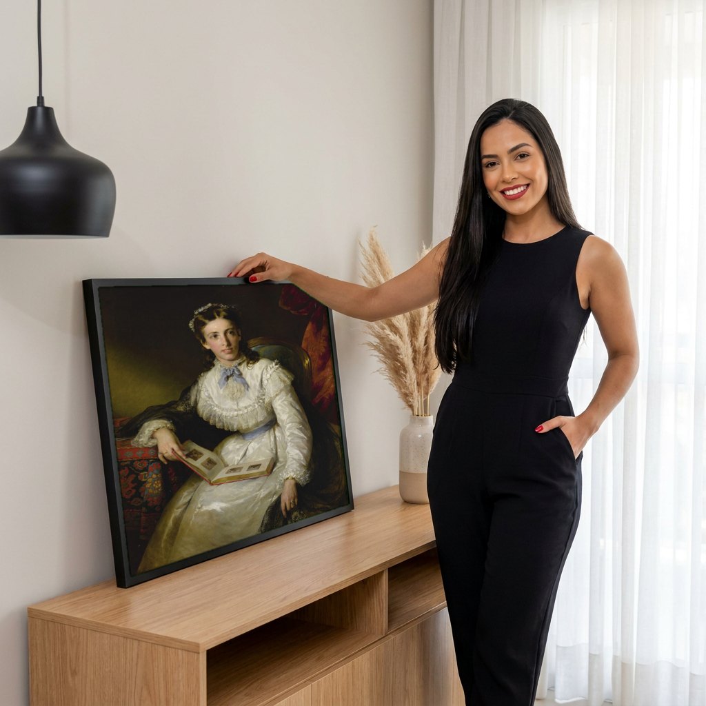 Quadro Decorativo A Jovem Leitora - Friedrich von Amerling | modelo apresentando o quadro emoldurado