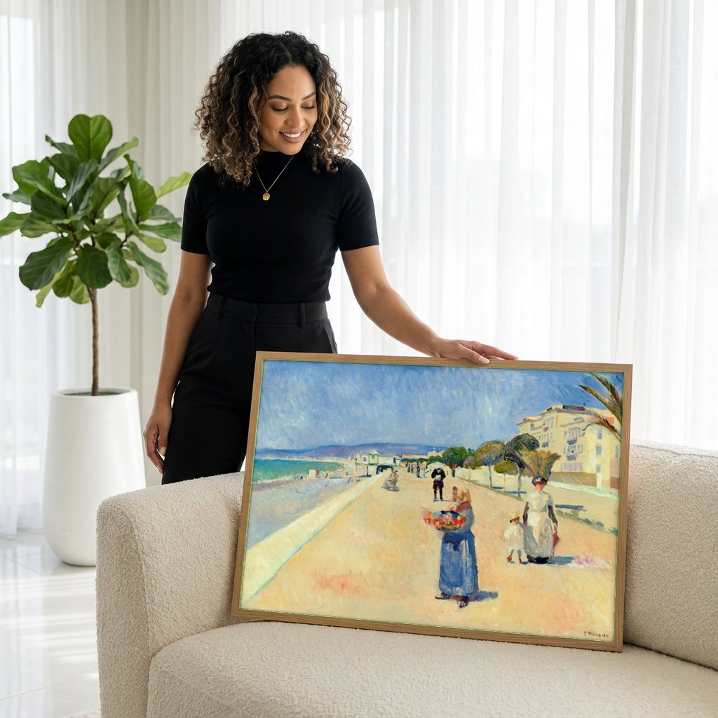 Quadro Decorativo Praia Ensolarada - Edvard Munch | modelo apresentando o quadro emoldurado