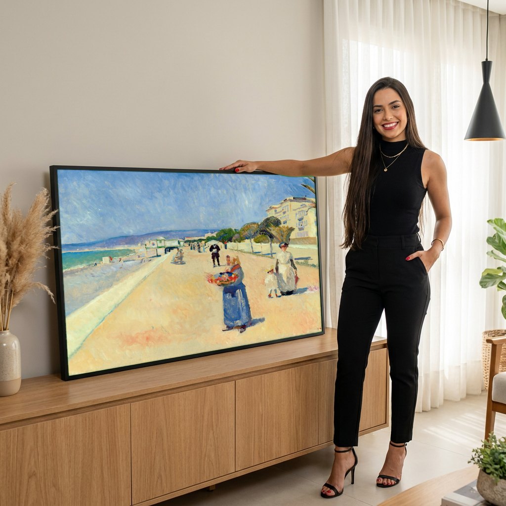 Quadro Decorativo Praia Ensolarada - Edvard Munch | modelo apresentando o quadro emoldurado