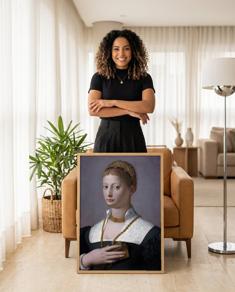 Quadro Decorativo Retrato de uma Dama - Bronzino | modelo apresentando o quadro emoldurado