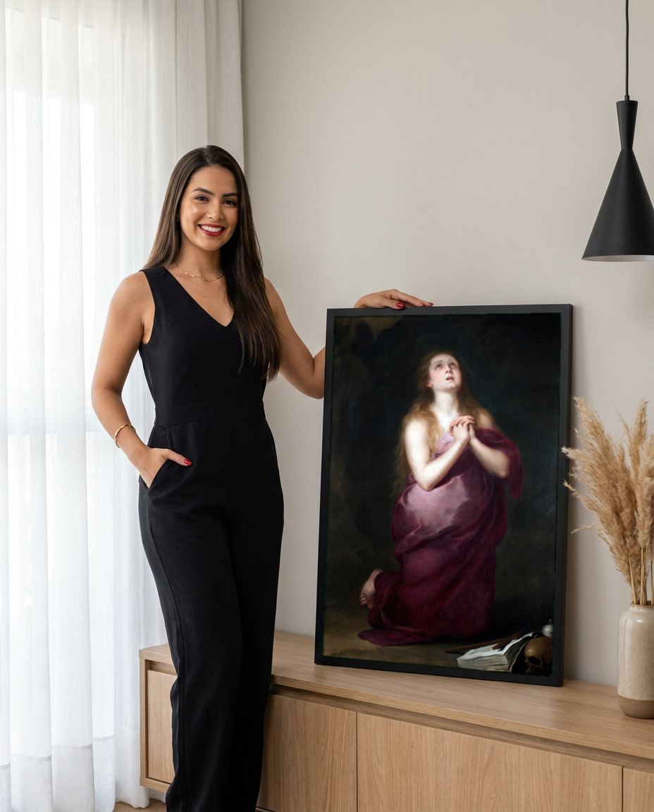 Quadro Decorativo Madalena Penitente - Murillo | modelo apresentando o quadro emoldurado