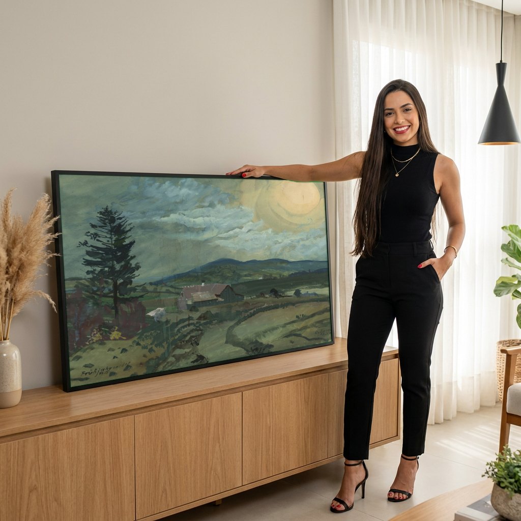 Quadro Decorativo Paisagem com Sol - Oskar Laske | modelo apresentando o quadro emoldurado