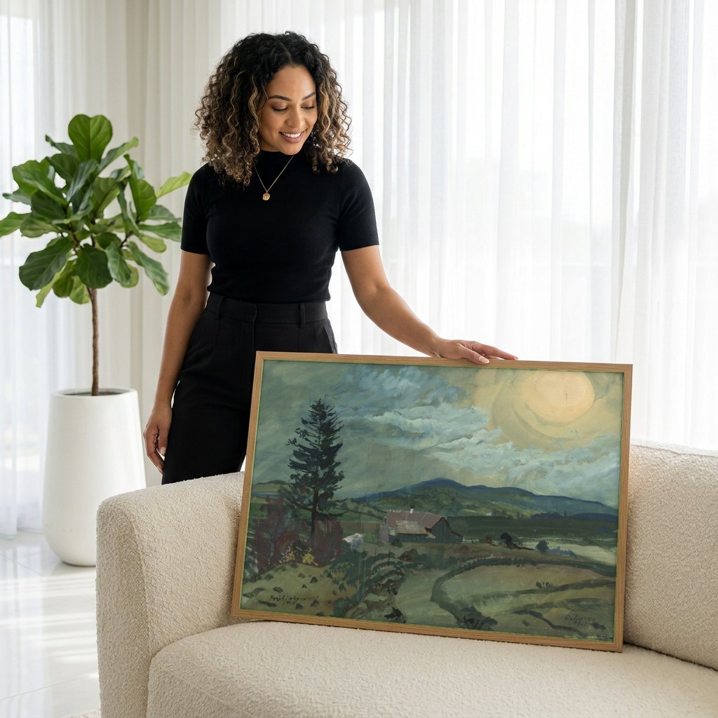 Quadro Decorativo Paisagem com Sol - Oskar Laske | modelo apresentando o quadro emoldurado