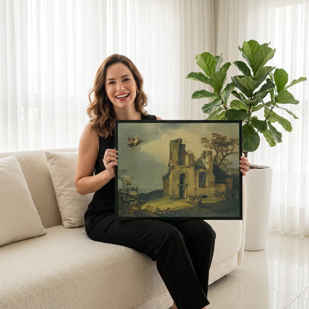 Quadro Decorativo Ruínas com Anjo Voador - Abraham Bloemaert | modelo apresentando o quadro emoldurado