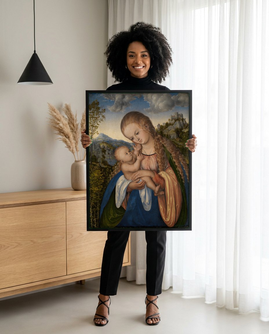 Quadro Decorativo A Virgem e o Menino - Cranach, o Velho | modelo apresentando o quadro emoldurado