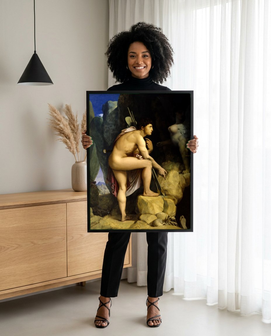 Quadro Decorativo Édipo e a Esfinge - Ingres | modelo apresentando o quadro emoldurado