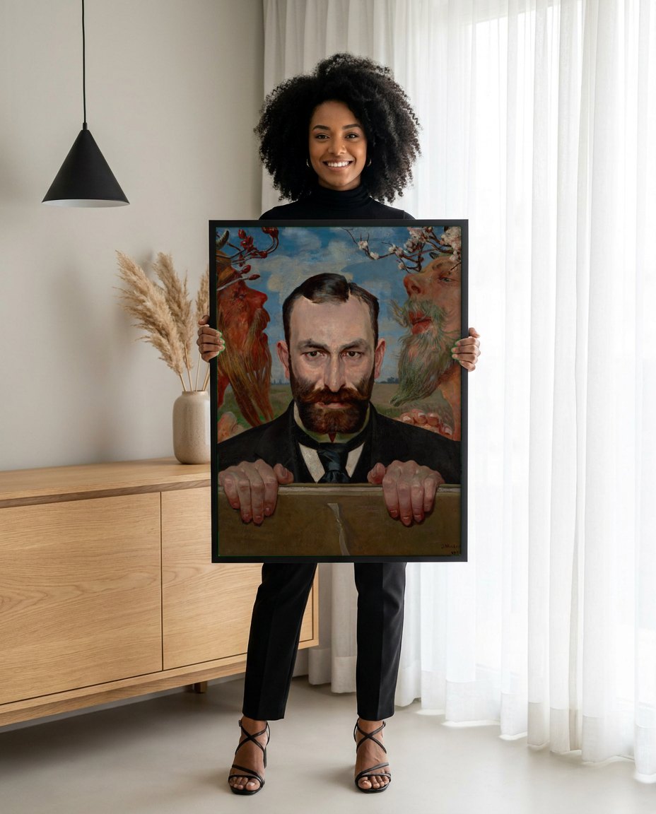 Quadro Decorativo Autorretrato com Sátiros - Jacek Malczewski | modelo apresentando o quadro emoldurado