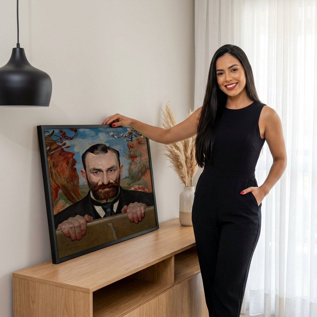 Quadro Decorativo Autorretrato com Sátiros - Jacek Malczewski | modelo apresentando o quadro emoldurado