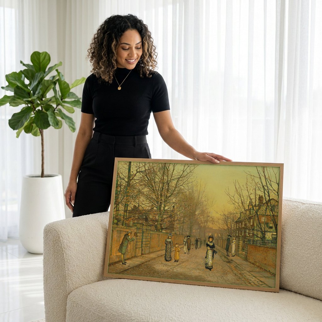 Quadro Decorativo Cena Urbana Outonal - Grimshaw | modelo apresentando o quadro emoldurado