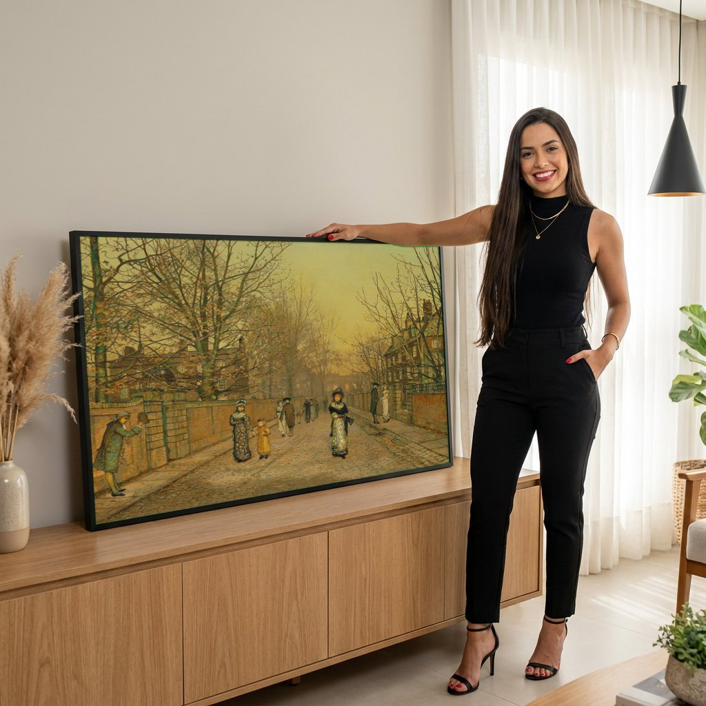 Quadro Decorativo Cena Urbana Outonal - Grimshaw | modelo apresentando o quadro emoldurado