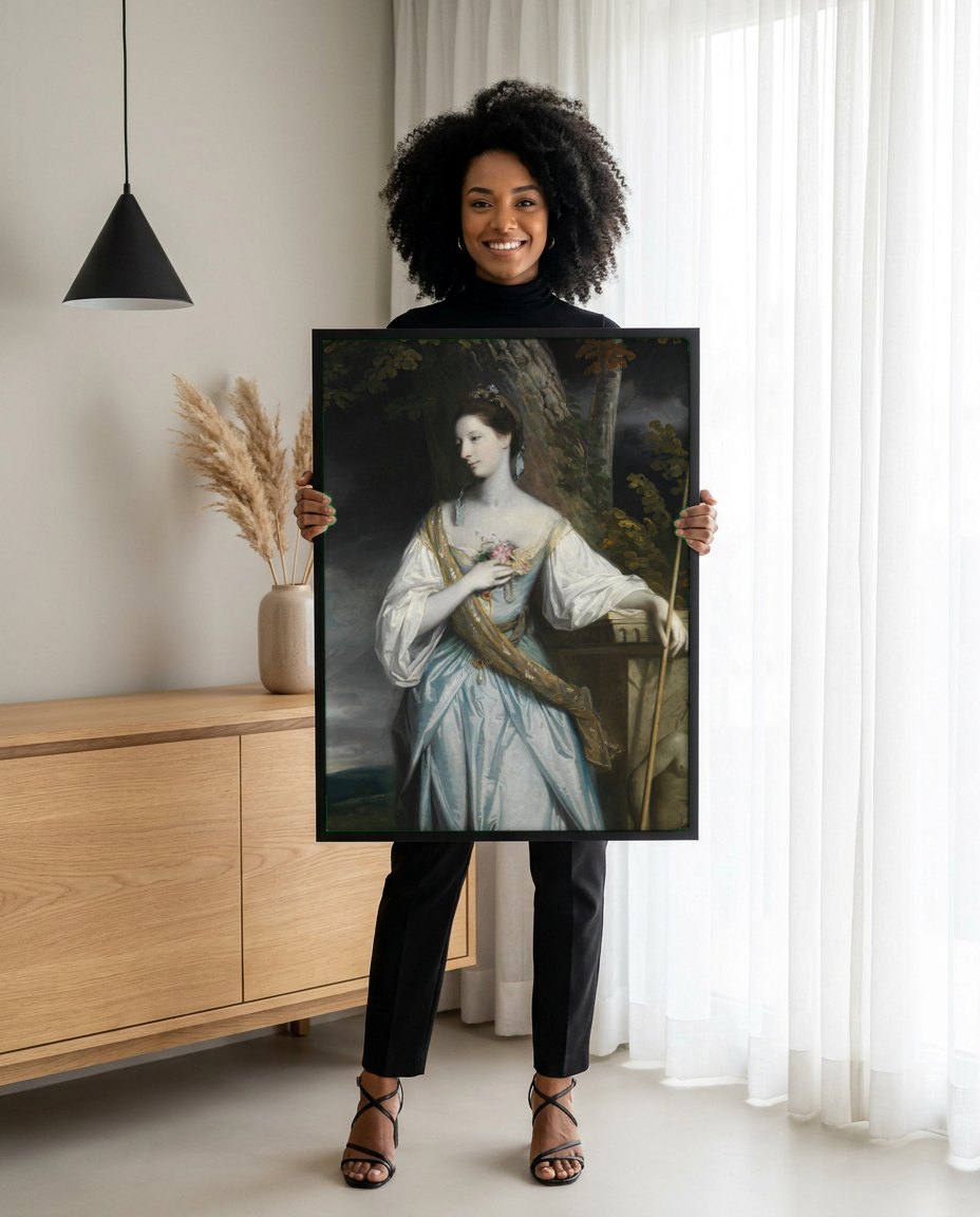 Quadro Decorativo Senhora com Cajado - Sir Joshua Reynolds | modelo apresentando o quadro emoldurado