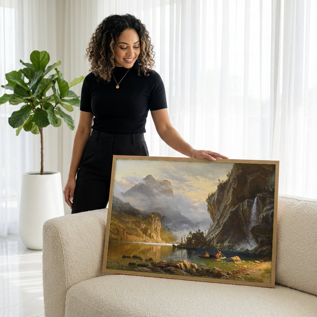 Quadro Decorativo 'Lake Tahoe' - Albert Bierstadt | modelo apresentando o quadro emoldurado