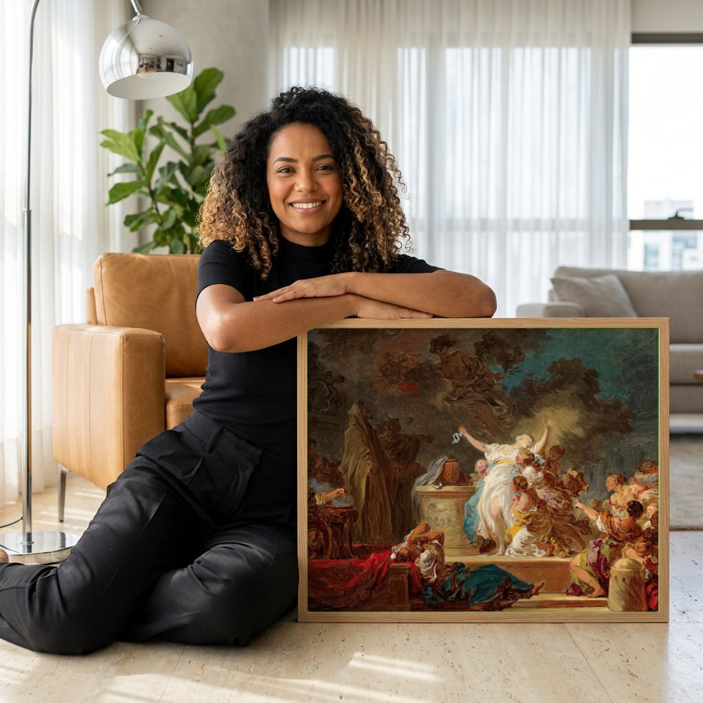 Quadro Decorativo O Sacrifício de Calirroe - Jean Honoré Fragonard | modelo apresentando o quadro emoldurado