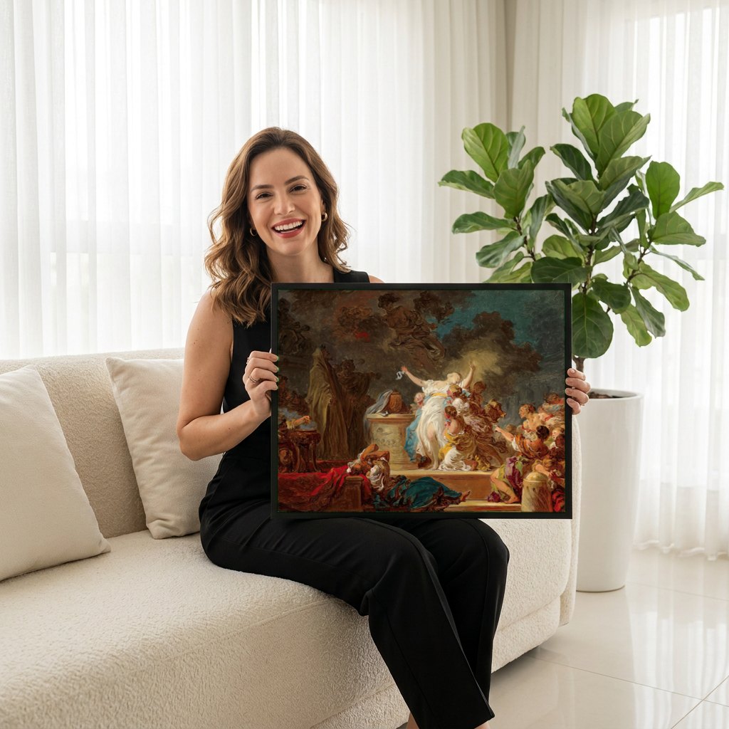 Quadro Decorativo O Sacrifício de Calirroe - Jean Honoré Fragonard | modelo apresentando o quadro emoldurado