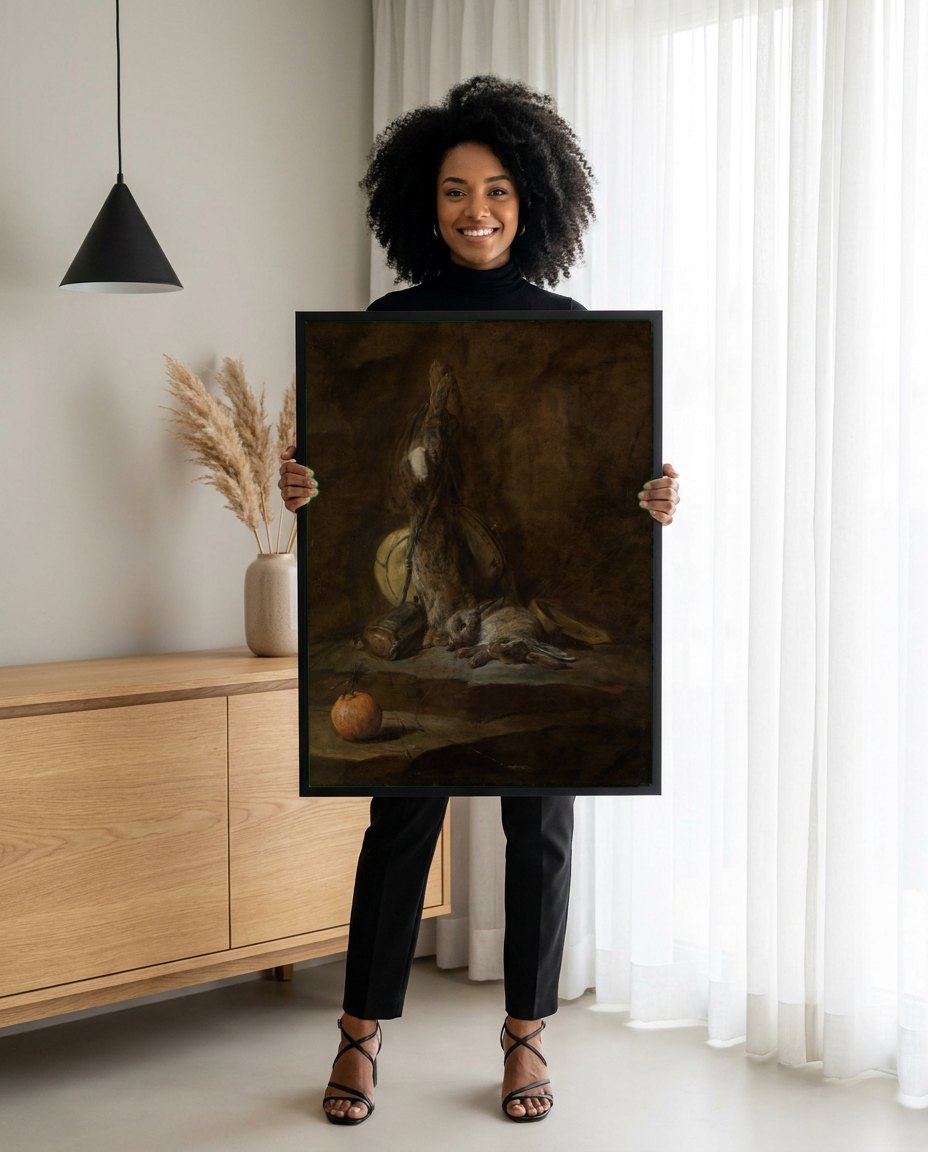 Quadro Decorativo A Lebre e o Coelho Mortos - Jean Siméon Chardin | modelo apresentando o quadro emoldurado