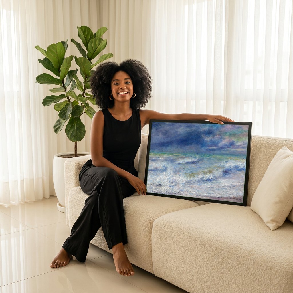 Quadro Decorativo Mar Revolto - Renoir | modelo apresentando o quadro emoldurado