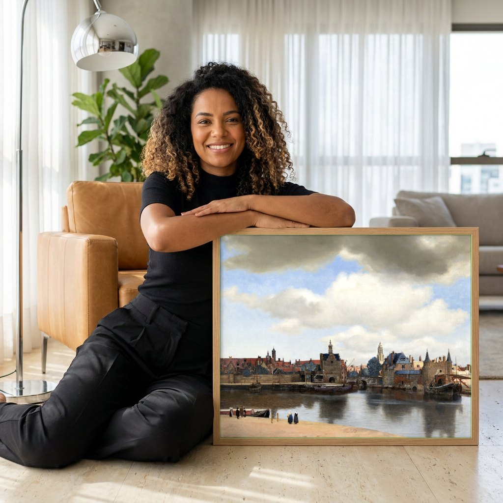 Quadro Decorativo Vista de Delft - Vermeer | modelo apresentando o quadro emoldurado