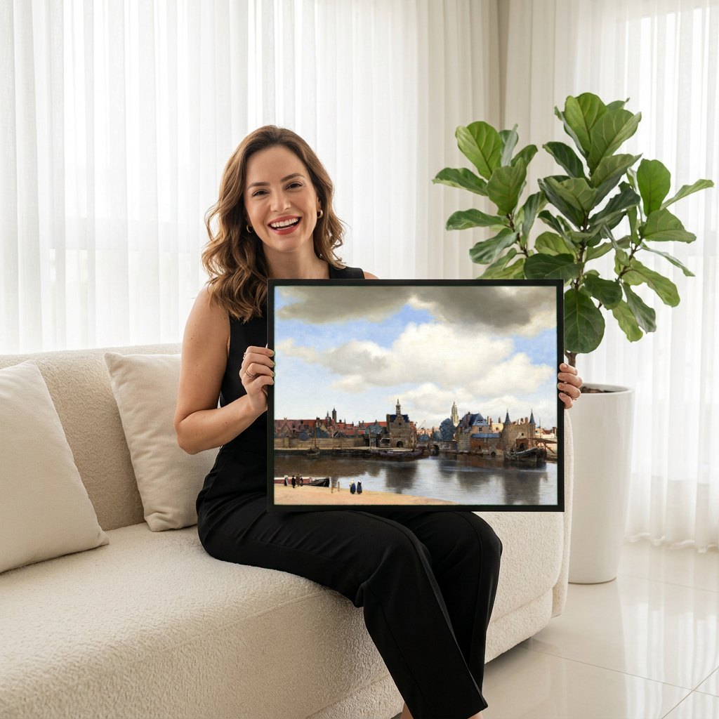 Quadro Decorativo Vista de Delft - Vermeer | modelo apresentando o quadro emoldurado