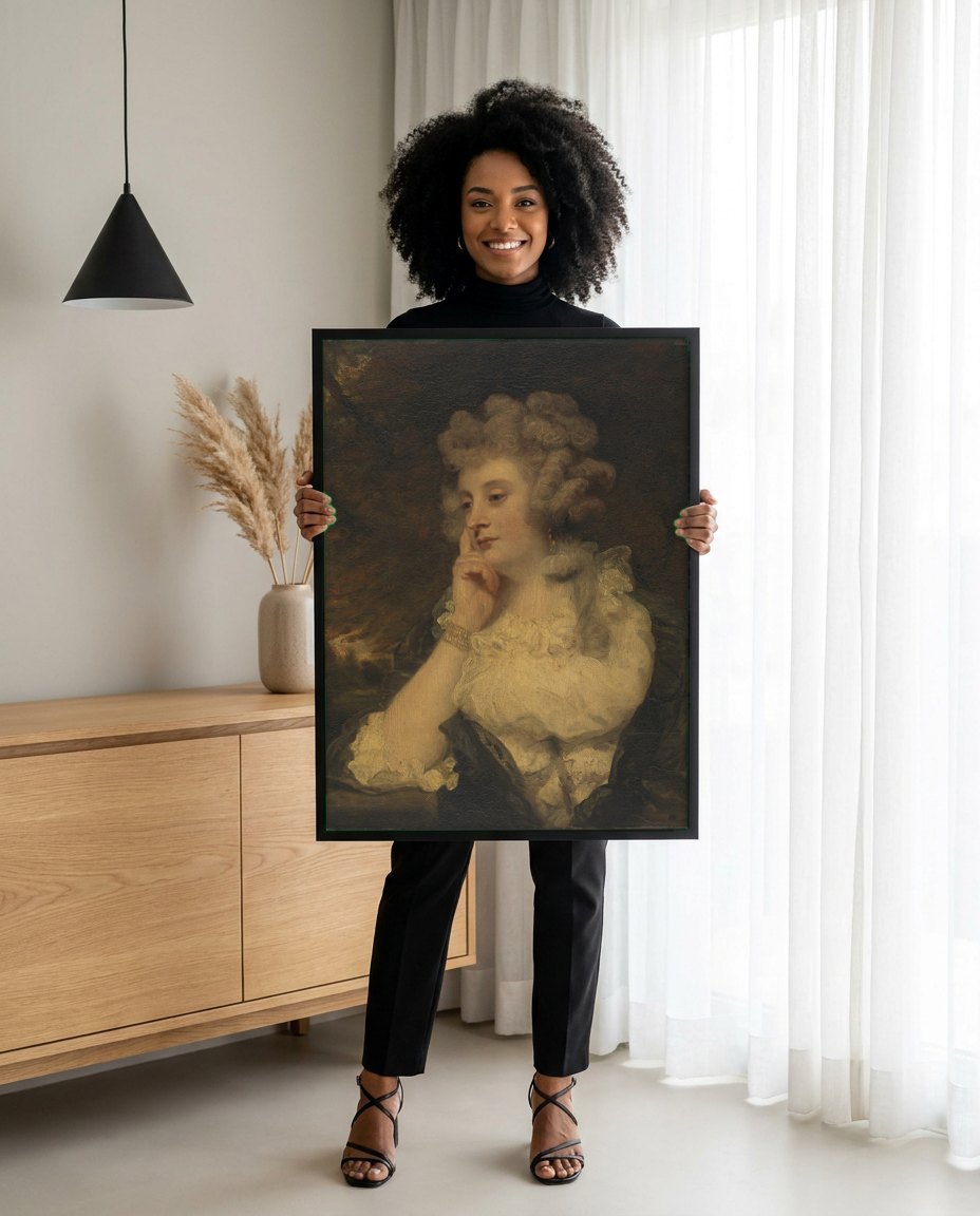 Quadro Decorativo Senhora Reflexiva - Sir Joshua Reynolds | modelo apresentando o quadro emoldurado