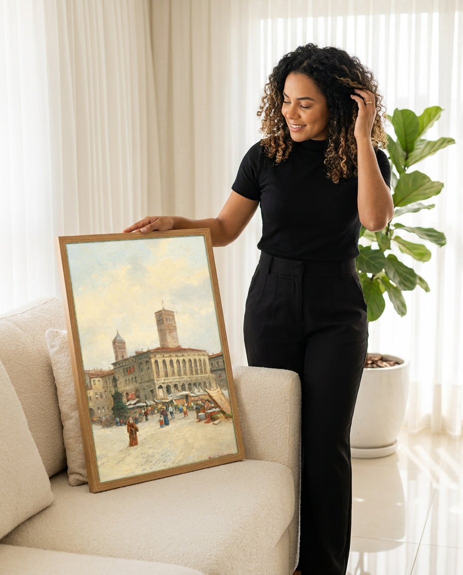 Quadro Decorativo Mercado Vibrante em Praça Italiana - Karl Kaufmann | modelo apresentando o quadro emoldurado