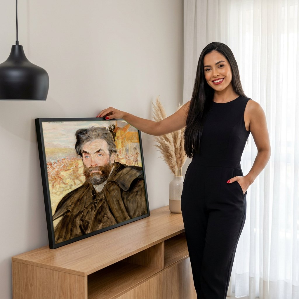 Quadro Decorativo Autorretrato com Sátiros - Jacek Malczewski | modelo apresentando o quadro emoldurado
