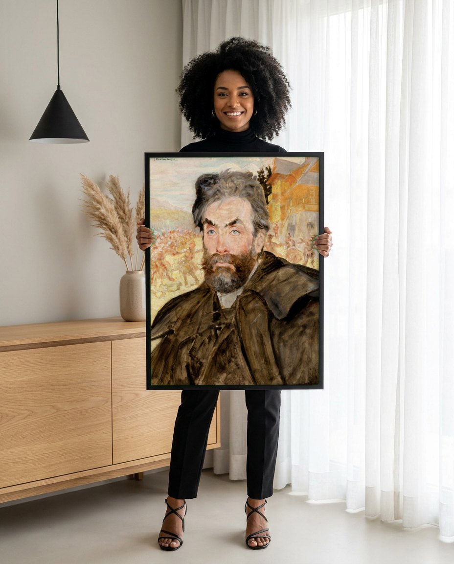Quadro Decorativo Autorretrato com Sátiros - Jacek Malczewski | modelo apresentando o quadro emoldurado