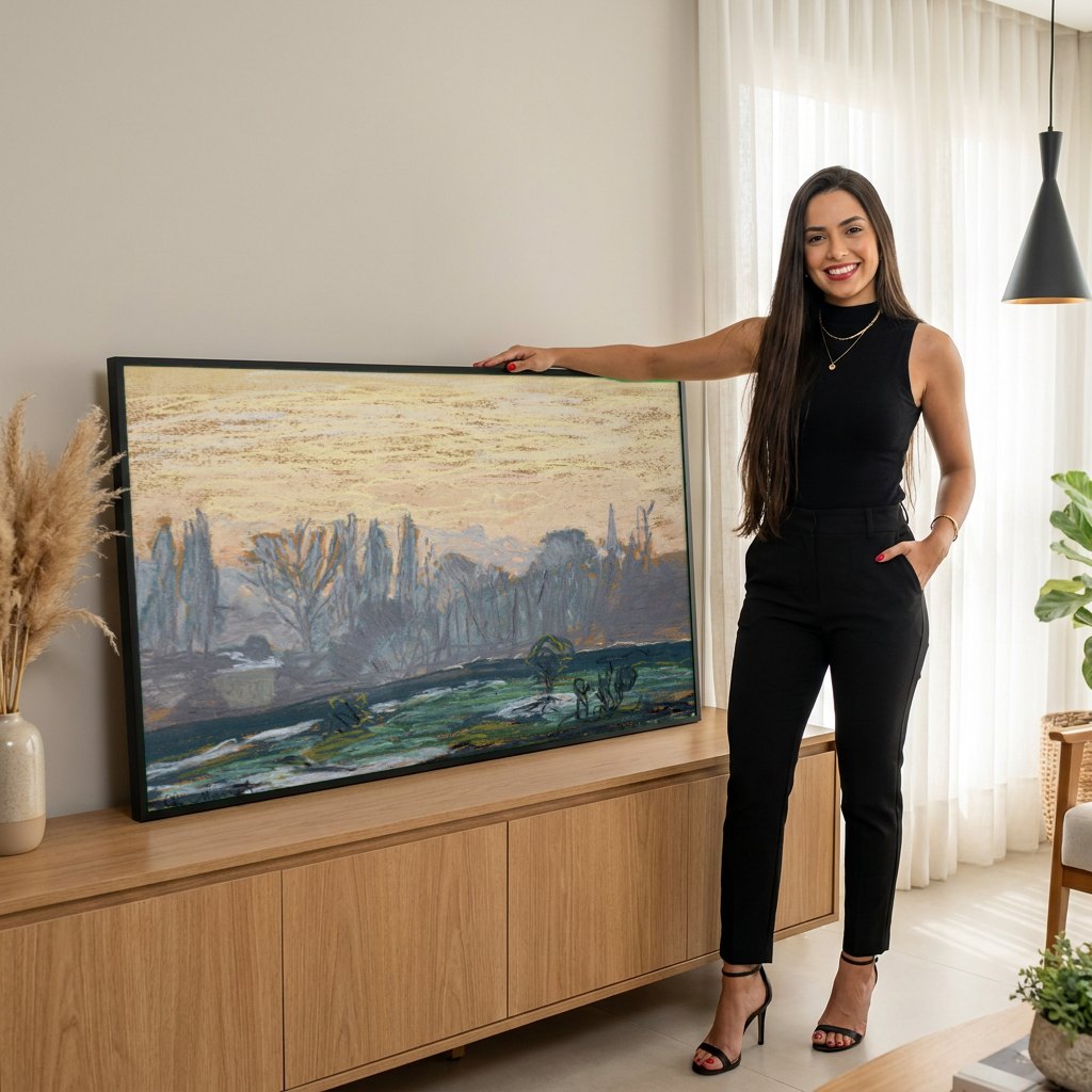 Quadro Decorativo Paisagem ao Entardecer - Claude Monet | modelo apresentando o quadro emoldurado