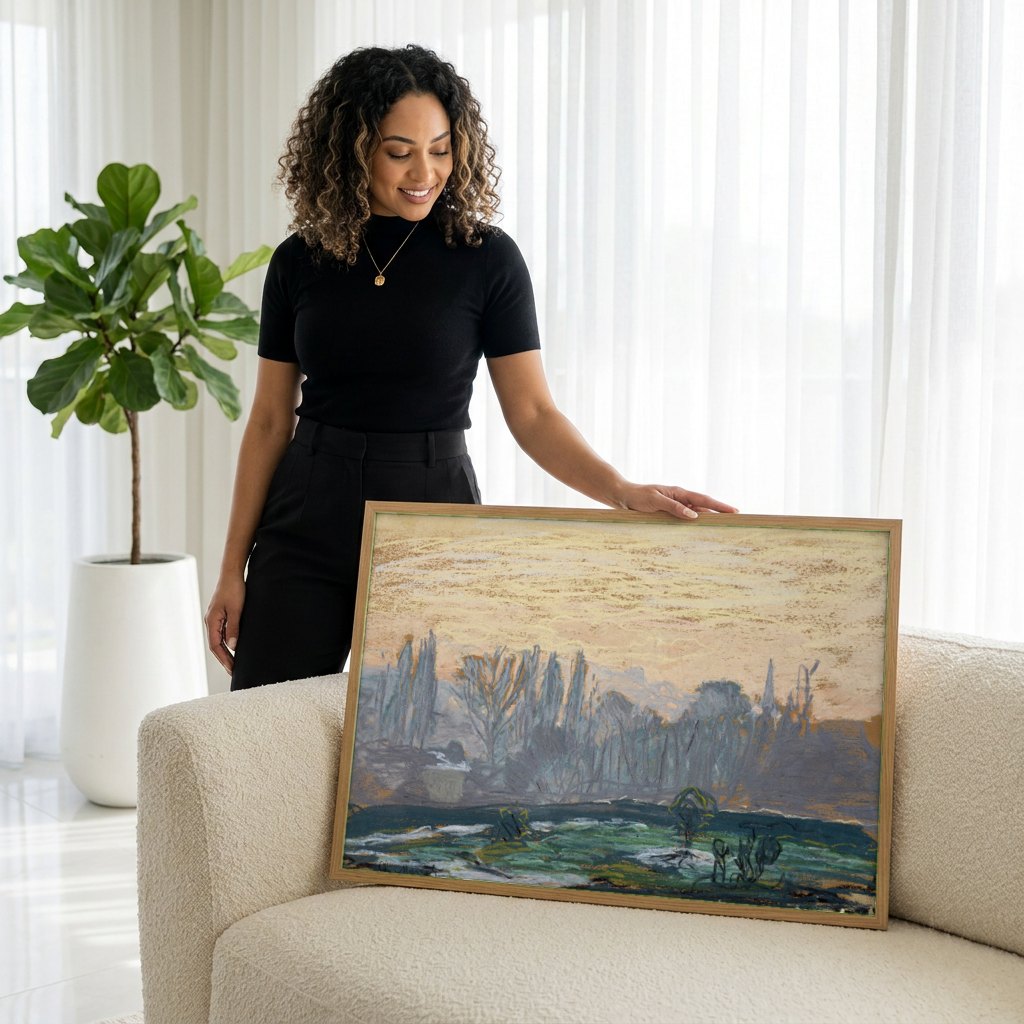 Quadro Decorativo Paisagem ao Entardecer - Claude Monet | modelo apresentando o quadro emoldurado