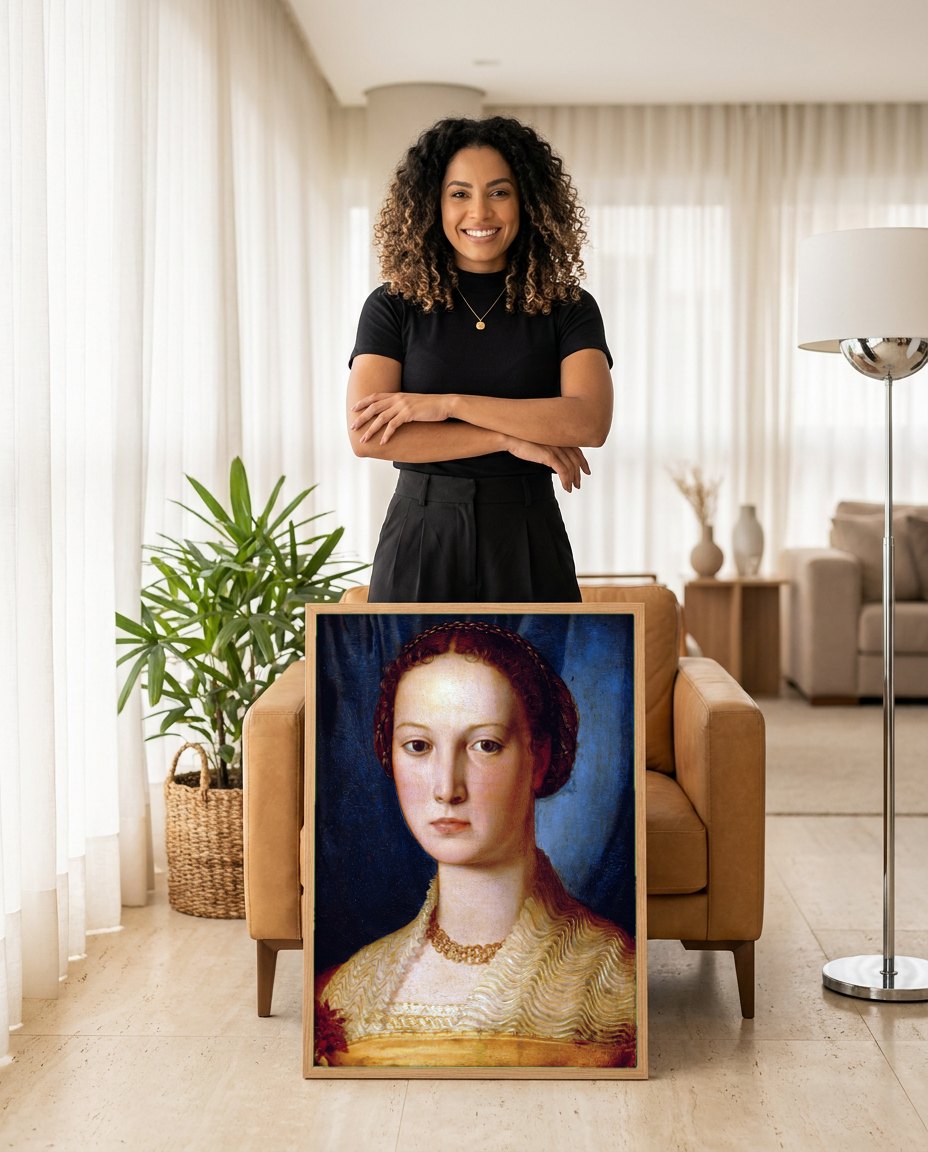 Quadro Decorativo Retrato de uma Dama - Bronzino | modelo apresentando o quadro emoldurado