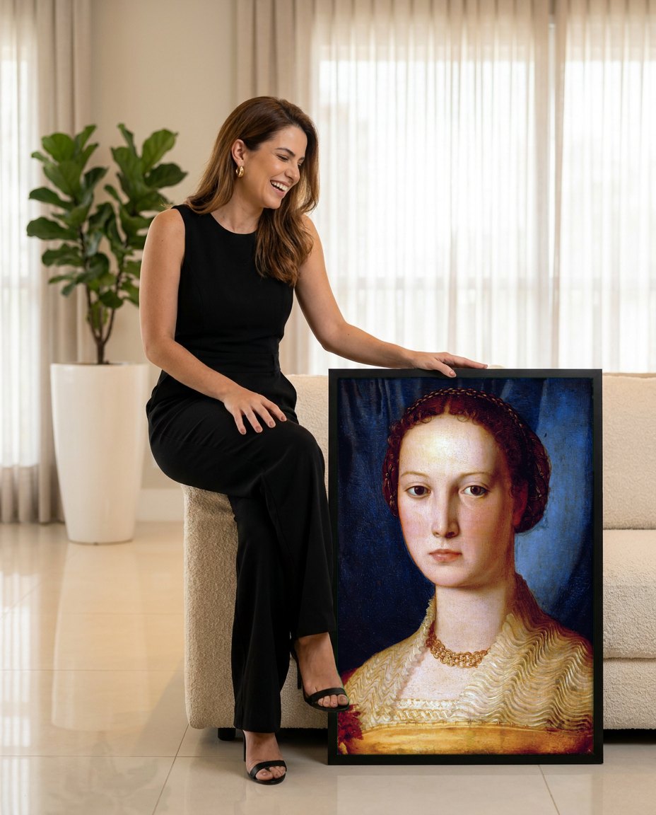 Quadro Decorativo Retrato de uma Dama - Bronzino | modelo apresentando o quadro emoldurado