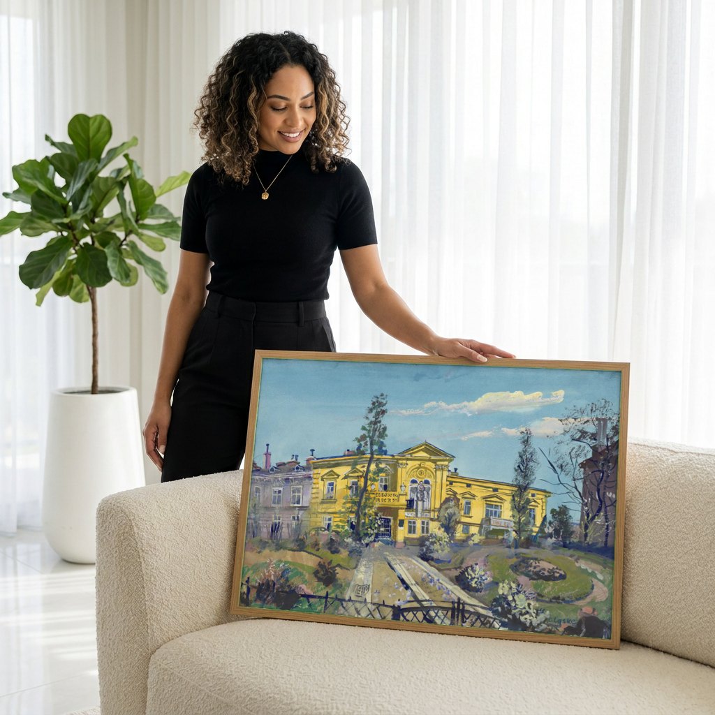 Quadro Decorativo Edifício Amarelo - Oskar Laske | modelo apresentando o quadro emoldurado