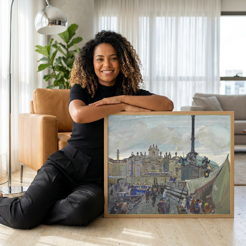 Quadro Decorativo Mercado de Viena - Oskar Laske | modelo apresentando o quadro emoldurado